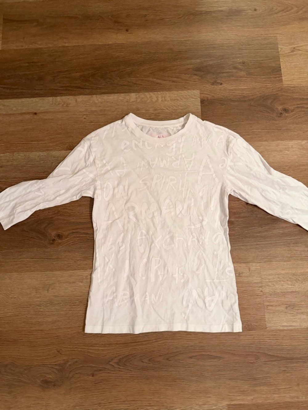 Armani Exchange White Long Sleeve Crewneck Top with Tonal Logo Texture
